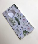 Fourreau impression petites séries avec plaque en stock pour invitation format 98x208mm avec découpe centrale ronde, demi-cercle en bas et 2 encoches cartes de visite au dos