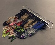 Impression UV + découpe laser sur PMMA (plexi) transparent + découpe du socle avec encoches